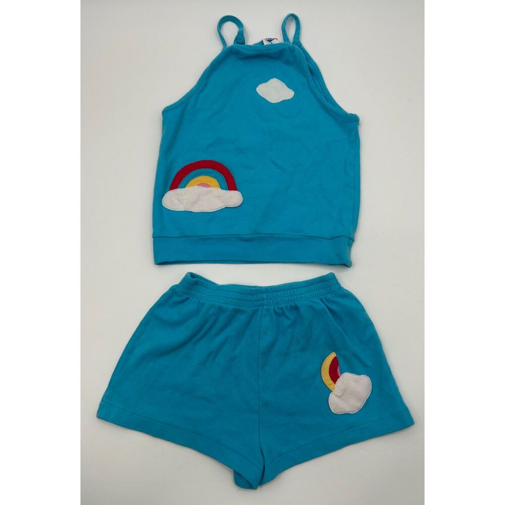 VTG 80s Girls Blue Tank Top & Shorts Set Rainbow Cloud Applique M 10-12 Cotton